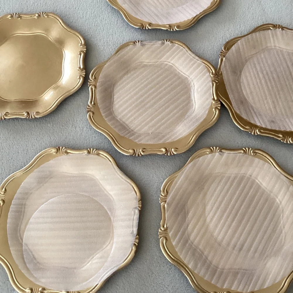 NWOT. Set of 6 Gold Baroque Melamine Chargers. Sur La Table.